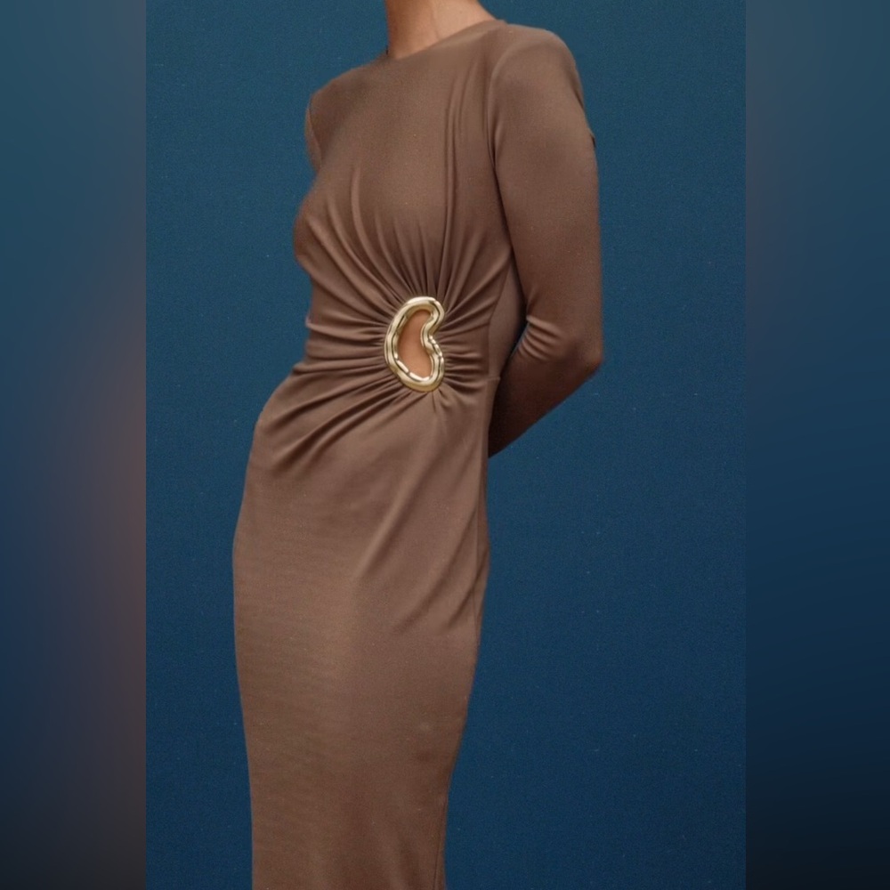 Rebecca Valance Elegant Taupe Long Sleeve Gown